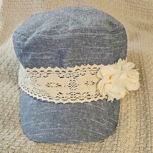 Blue Denim Women's Hat with Cream Lace